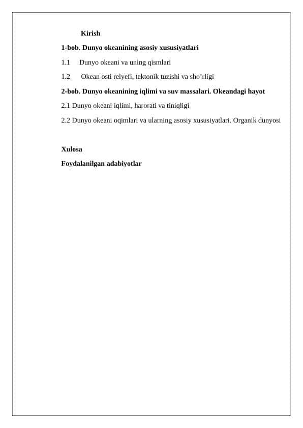 Dunyo okeanining asosiy xususiyatlari