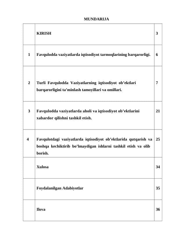Favqulodda Vaziyatlarda iqtisodiyot ob’ektlarini barqarorligini