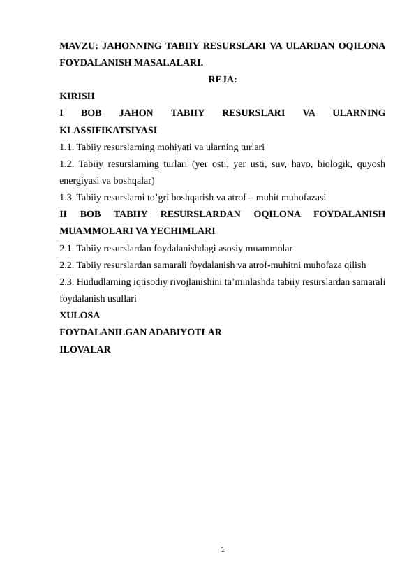 Jahonning tabiiy resurslari va ulardan oqilona foydalanish masalalari