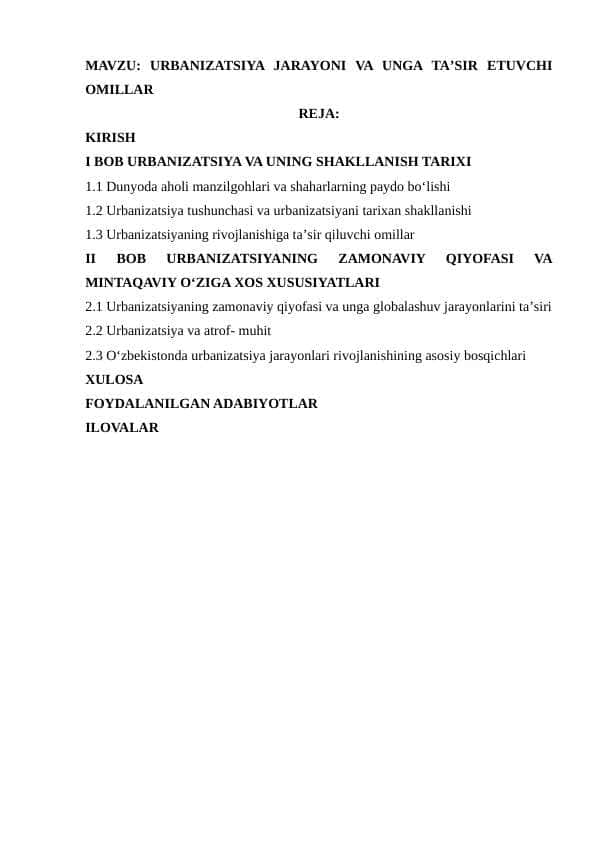 Urbanizatsiya jarayoni va unga taʼsir etuvchi omillar