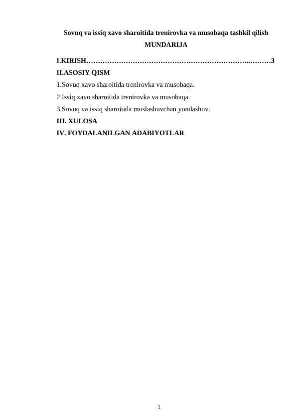 Sovuq va issiq xavo sharoitida trenirovka va musobaqa tashkil qilish