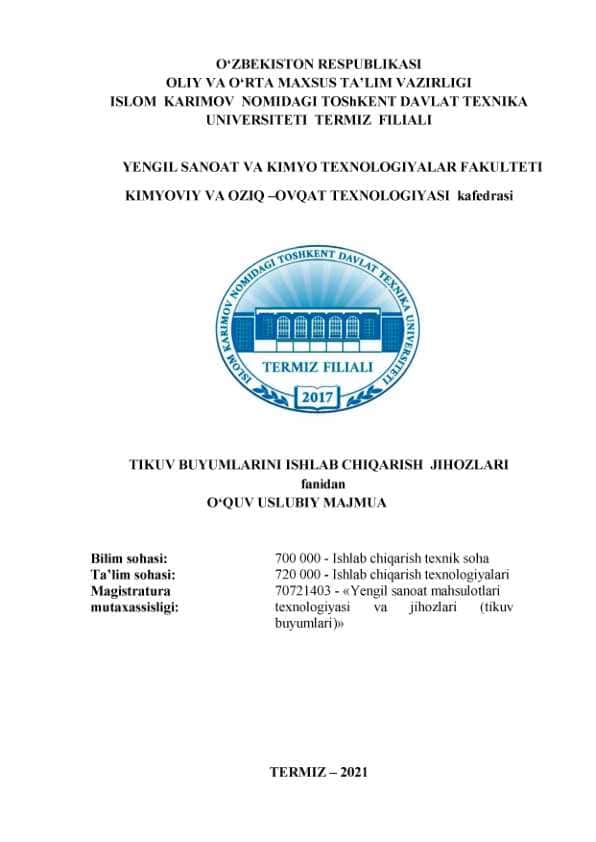 TIKUV BUYUMLARINI ISHLAB CHIQARISH JIHOZLARI