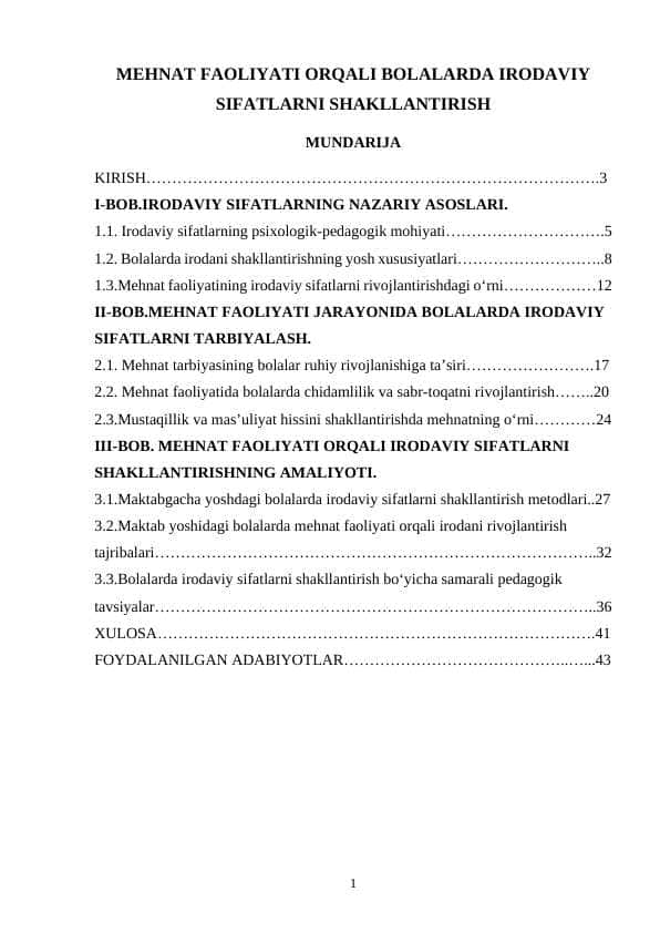 MEHNAT FAOLIYATI ORQALI BOLALARDA IRODAVIY SIFATLARNI SHAKLLANTIRISH