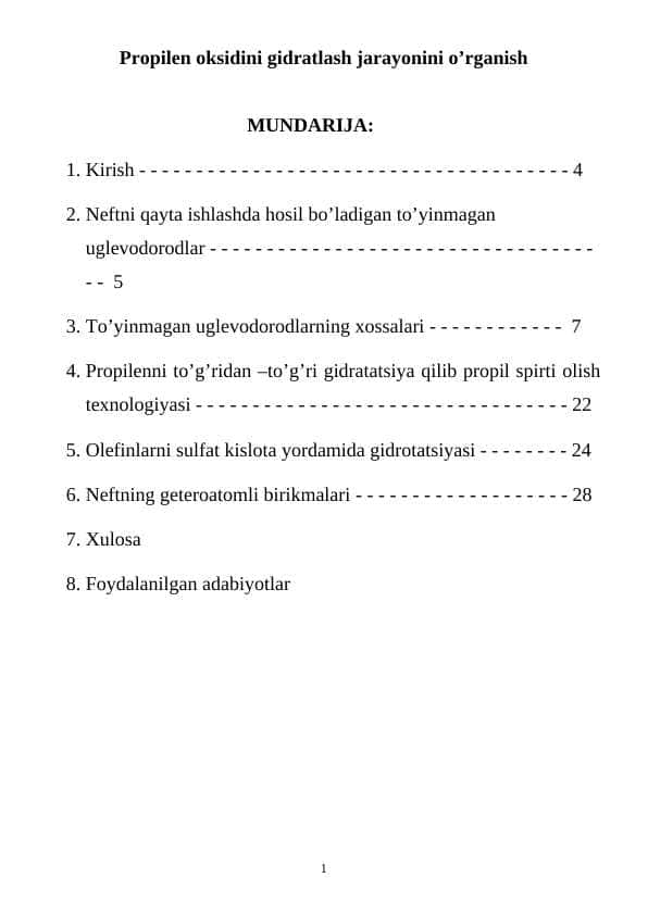 Propilen oksidini gidratlash jarayonini o’rganish