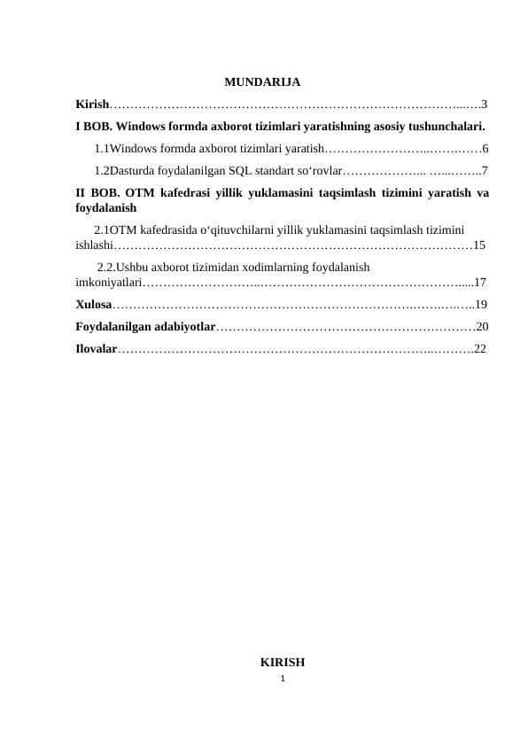 OTM kafedrasi yillik yuklamasini taqsimlash tizimini yaratish