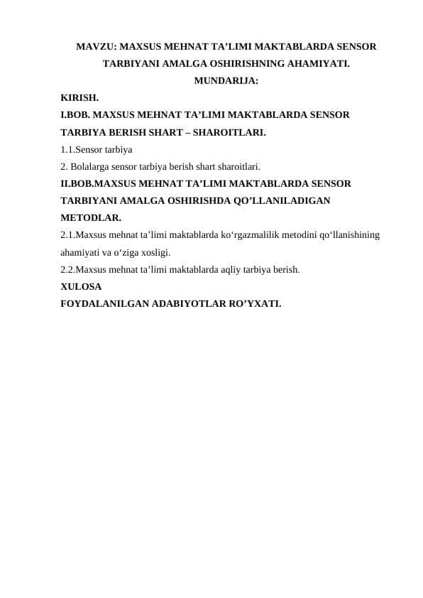 maxsus mehnat ta’limi maktablarda sensor tarbiyani amalga oshirishning ahamiyati