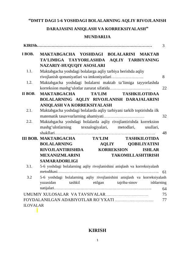DMTT DAGI 5-6 YOSHDAGI BOLALARNING AQLIY RIVOJLANISH DARAJASINI ANIQLASH VA KORREKSIYALASH