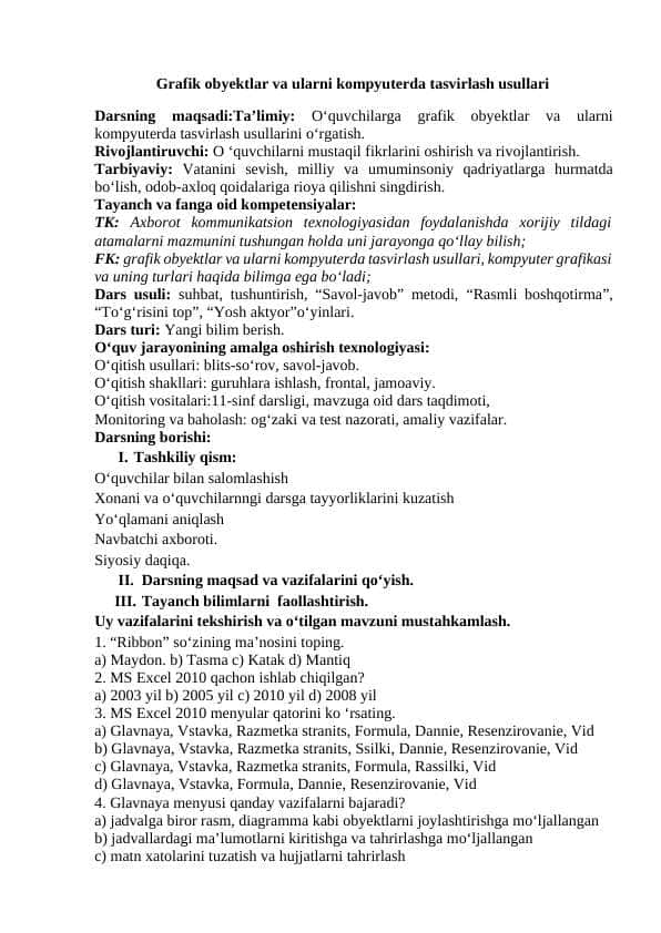 Grafik obyektlar va ularni kompyuterda tasvirlash usullari