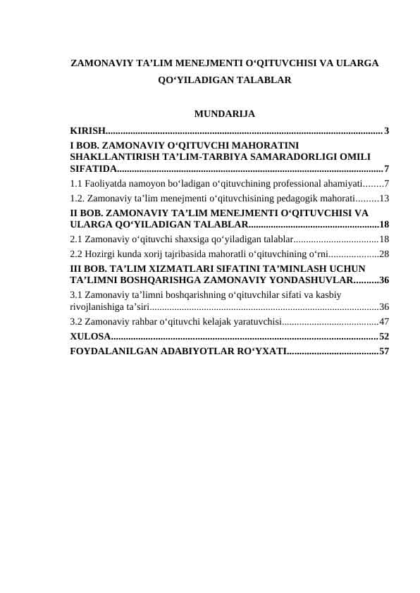ZAMONAVIY TA’LIM MENEJMENTI O‘QITUVCHISI VA ULARGA QO‘YILADIGAN TALABLAR