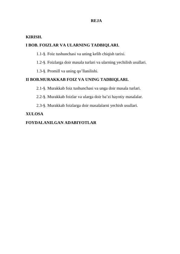 Foizlar va uni o’qitish metodikasi