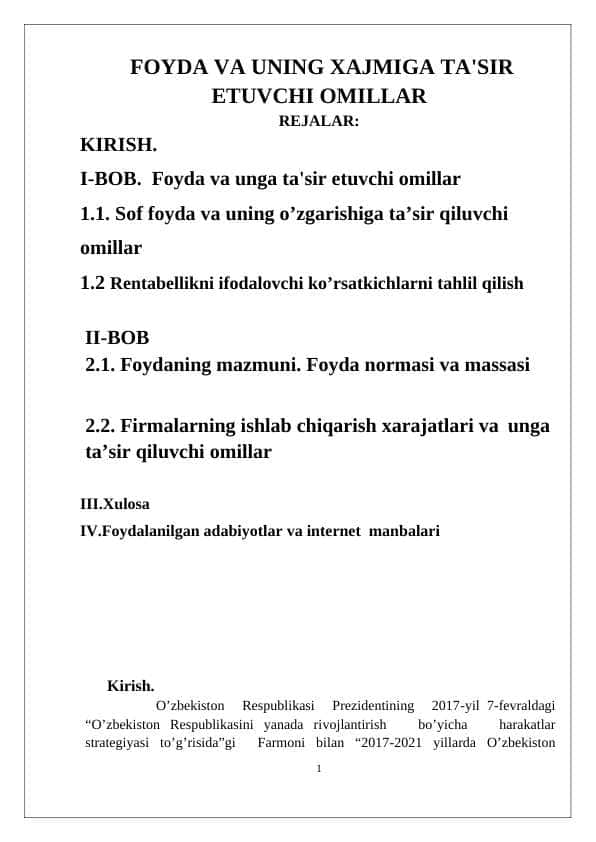 Foyda va uning xajmiga ta'sir etuvchi omillar
