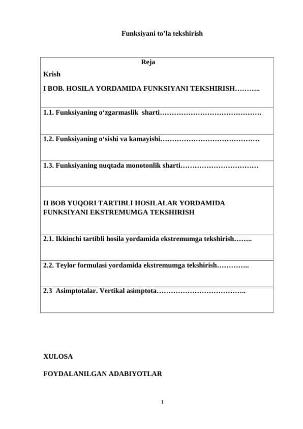 Funksiyani to‘la tekshirish