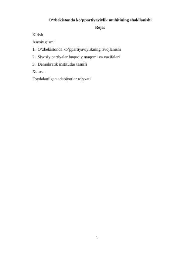 O’zbekistonda ko’ppartiyaviylik muhitining shakllanishi