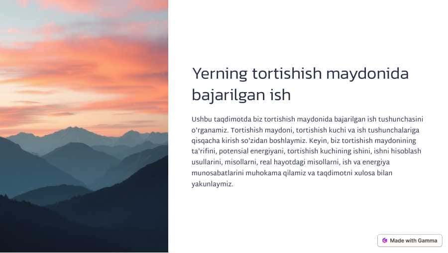 Yerning tortish maydonida bajargan ishi Slide