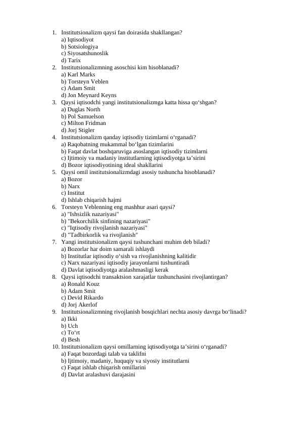 Institutsionalizmning asosiy xususiyatiari, evolyutsiyasi test