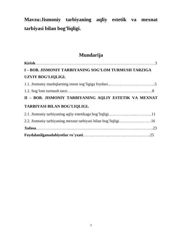 Jismoniy tarbiyaning aqliy estetik va mexnat tarbiyasi bilan bog’liqligi.