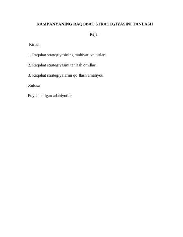 KAMPANYANING RAQOBAT STRATEGIYASINI TANLASH