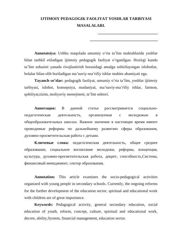 IJTIMOIY PEDAGOGIK FAOLIYAT YOSHLAR TARBIYASI MASALALARI.