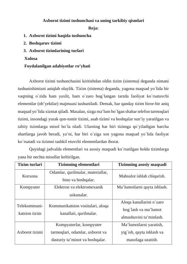 Axborot tizimi tushunchasi va uning tarkibiy qismlari