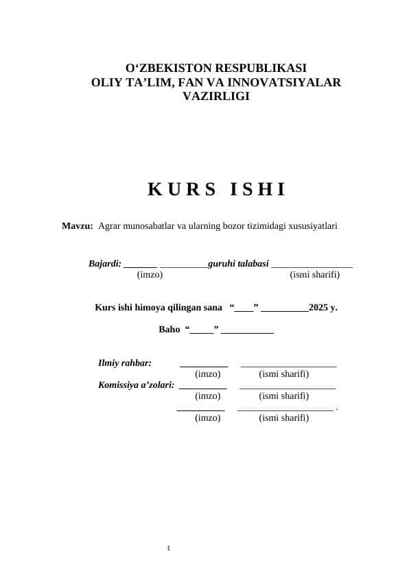 Agrar munosabatlar va ularning bozor tizimidagi xususiyatlari