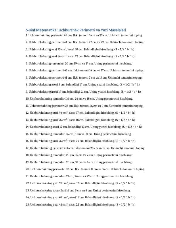 5 sinf matematika uchburchak perimetri va yuziga doir misollar