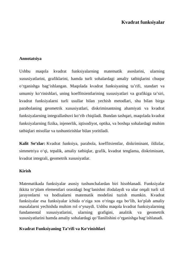 Kvadrat funksiyalar maqola