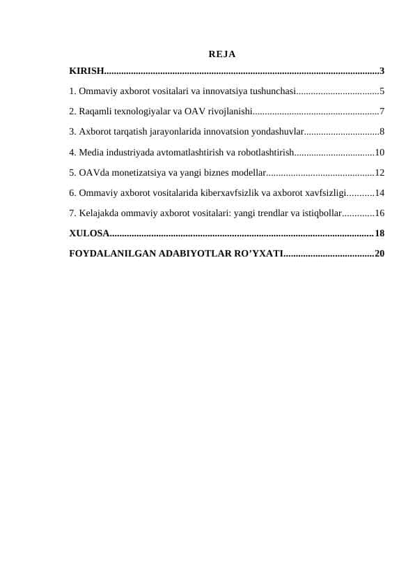Mustaqil ish: Ommaviy axborot vositalarida innovatsiya jarayonlari