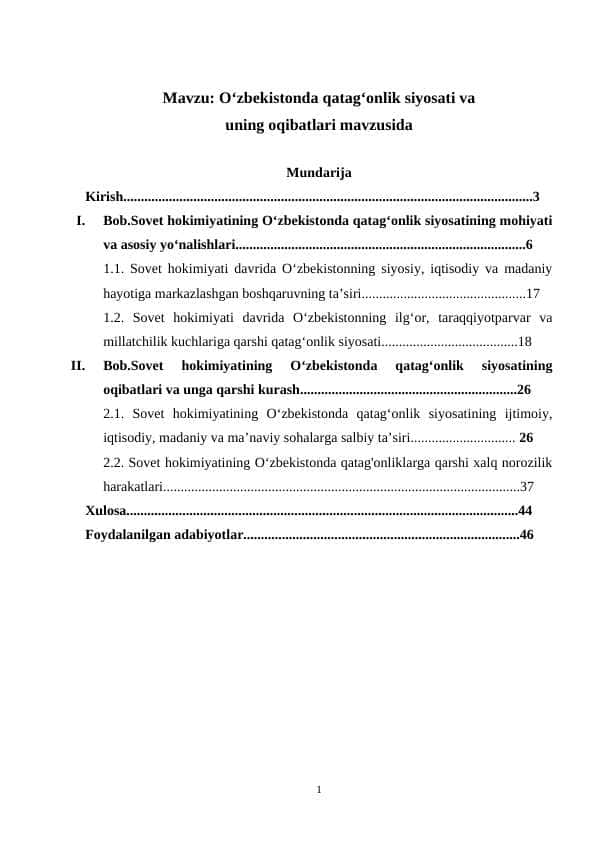 Oʻzbekistonda qatagʻonlik siyosati va uning oqibatlari mavzusida
