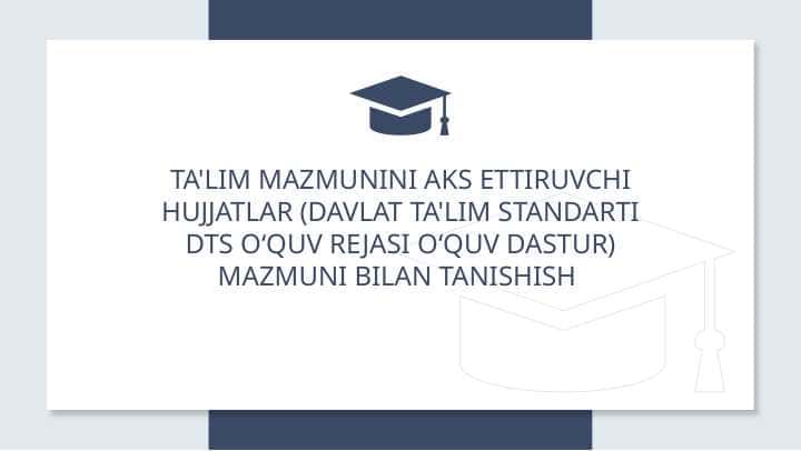 Ta'lim mazmunini aks ettiruvchi hujjatlar (Davlat ta'lim standarti dts o‘quv rejasi o‘quv dastur) mazmuni bilan tanishish