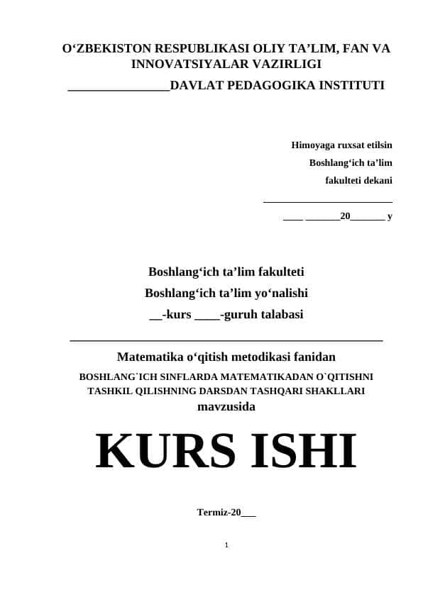 BOSHLANG`ICH SINFLARDA MATEMATIKADAN O`QITISHNI TASHKIL QILISHNING DARSDAN TASHQARI SHAKLLARI