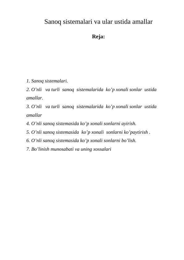 Sanoq sistemalari va ular ustida amallar