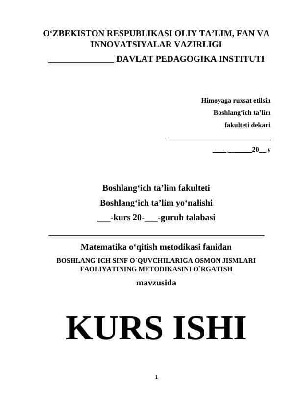 BOSHLANG`ICH SINF O`QUVCHILARIGA OSMON JISMLARI FAOLIYATINING METODIKASINI O`RGATISH