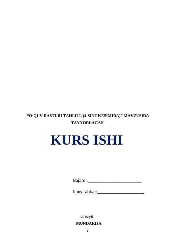 O‘QUV DASTURI TAHLILI. (4-SINF KESIMIDA)