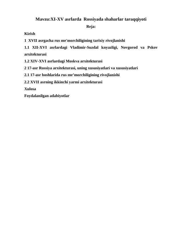 XI-XV asrlarda Rossiyada shaharlar taraqqiyoti