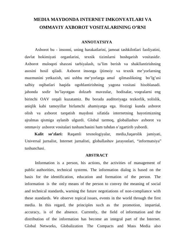 Media maydonda internet imkonyatlari va ommaviy axborot vositalarining o