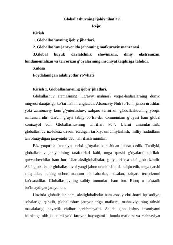 Globallashuvning ijobiy jihatlar