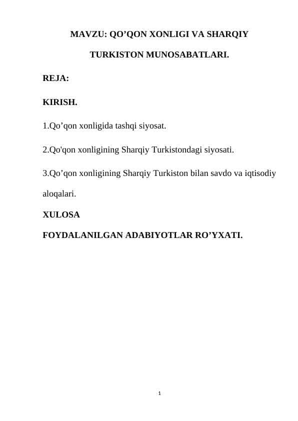 QO’QON XONLIGI VA SHARQIY TURKISTON MUNOSABATLARI