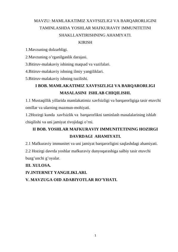 MAMLAKATIMIZ XAVFSIZLIGI VA BARQARORLIGINI TAMINLASHDA YOSHLAR MAFKURAVIY IMMUNITETINI SHAKLLANTIRISHNING AHAMIYATI