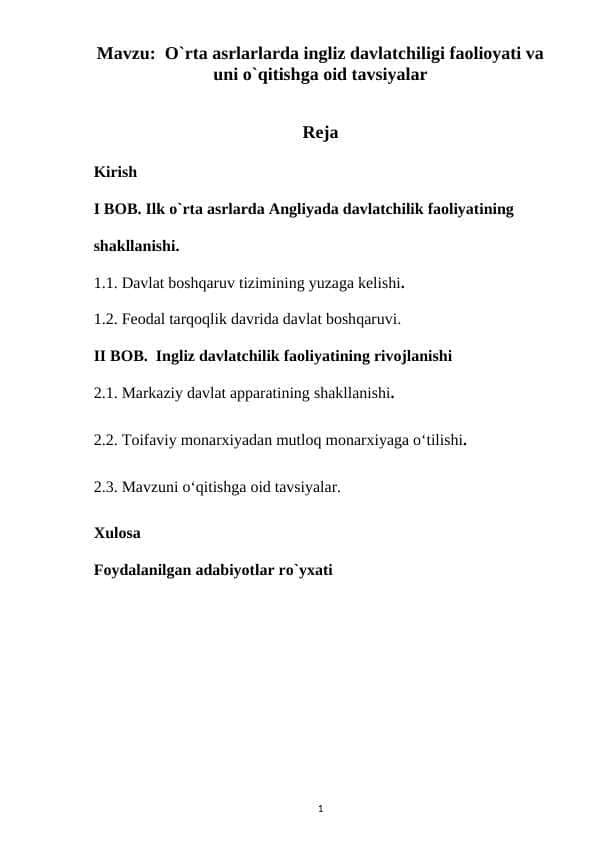 O'rta asrlarlarda ingliz davlatchiligi faolioyati va uni o'qitishga oid tavsiyalar