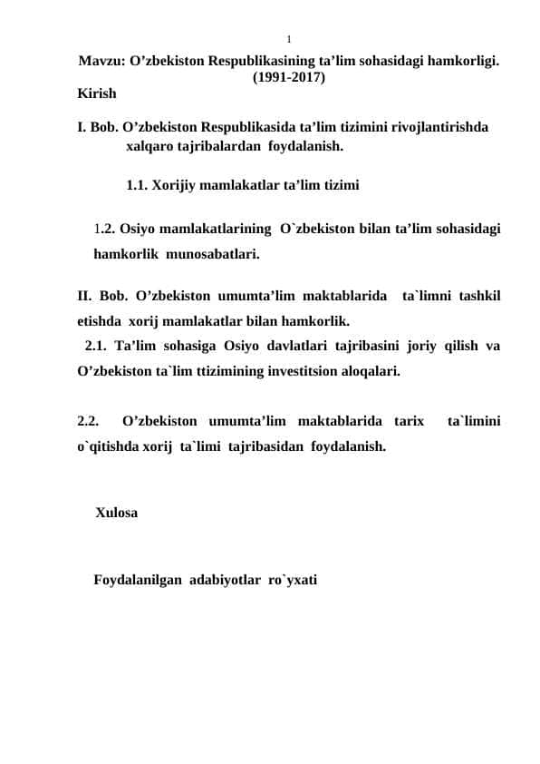 O'zbekiston Respublikasining ta’lim sohasidagi hamkorligi. (1991-2017)