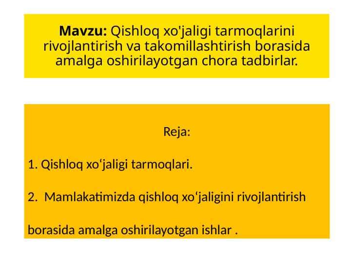 Qishloq xo‘jaligi tarmoqlarini rivojlantirish va takomillashtirish borasida amalga oshirilayotgan chora tadbirlar