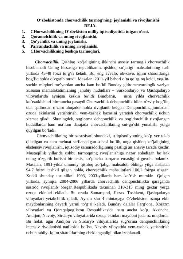 O‘zbekistonda chorvachilik tarmog’ning joylanishi va rivojlanishi