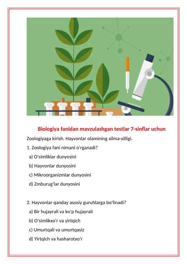 Biologiyadan 5-8 sinflar uchun testlar 500 ta