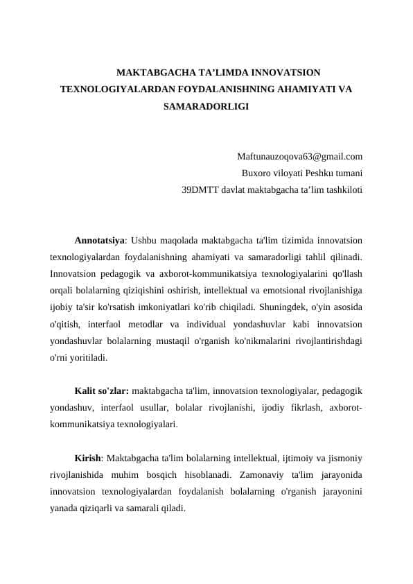 Maktabgacha taʼlimda innovatsion texnologiyalardan foydalanishning ahamiyati