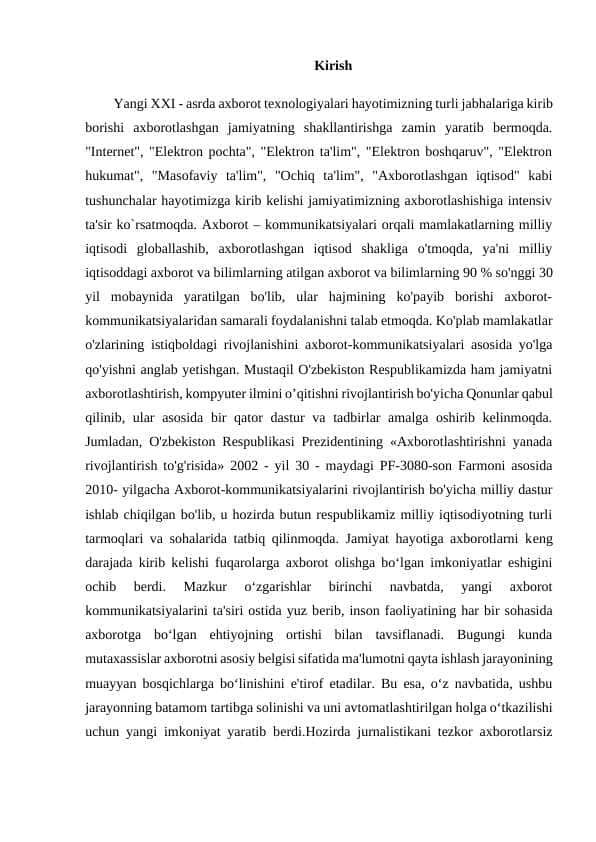 “Mahalla ma’lumotlar bazasini loyihalash”