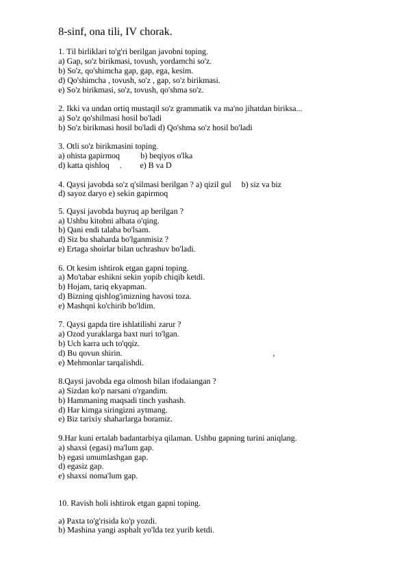 8 - sinf ona tili va adabiyot testlar