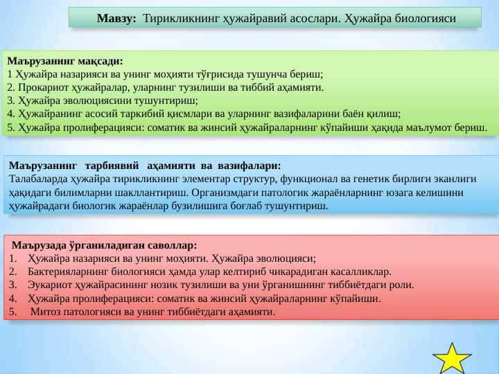 Тирикликнинг ҳужайравий асослари. Ҳужайра биологияси
