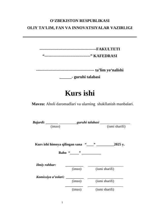 Aholi daromadlari va ularning shakllanish manbalari.