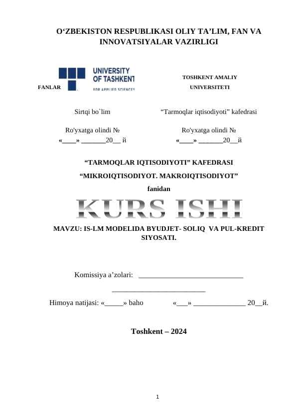 IS-LM MODELIDA BYUDJET- SOLIQ VA PUL-KREDIT SIYOSATI