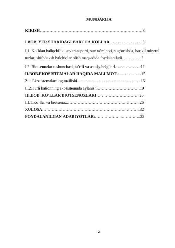 YER SHARIDAGI BARCHA KO'LLAR